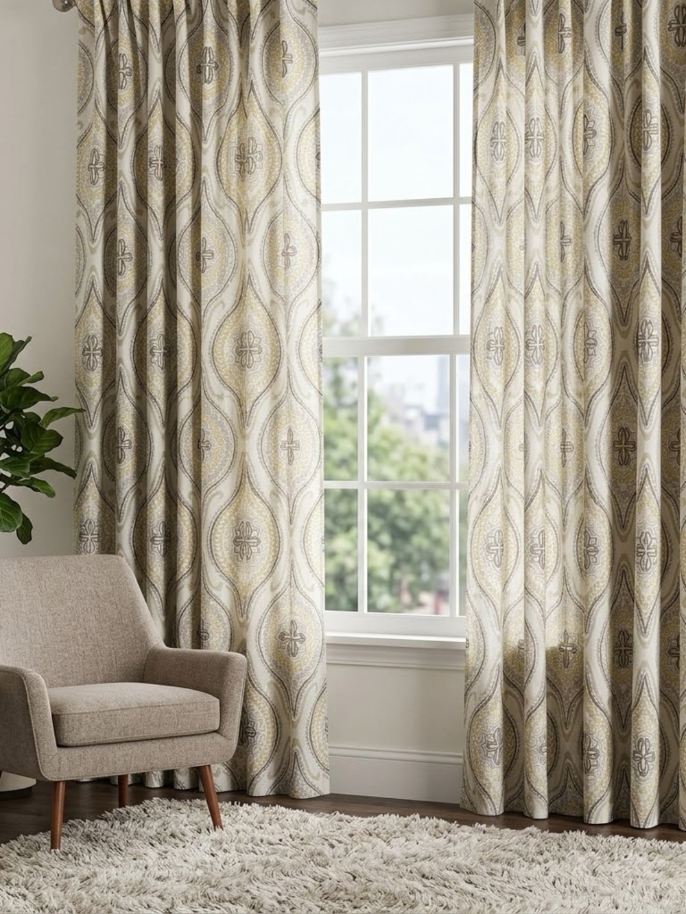 Set of 2 100% Cotton Damask Medallion Pattern Curtain Panel Light Yellow Gray